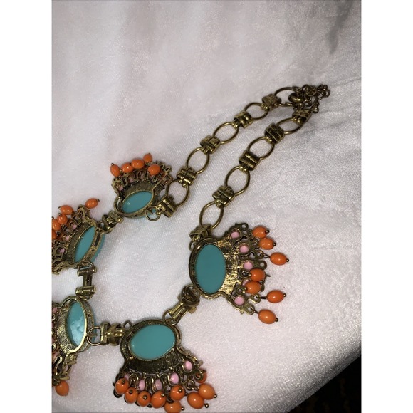 J.Crew Bead And Fringe Necklace Persimmon Turquoise 18" Adj Gold Tone - Picture 2 of 3